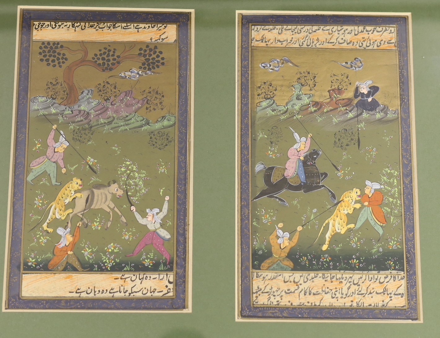 Indian School, late 19th/ early 20th century, Mughal style, three gouaches, young female, tiger hunt, and others, largest 17 x 10cm